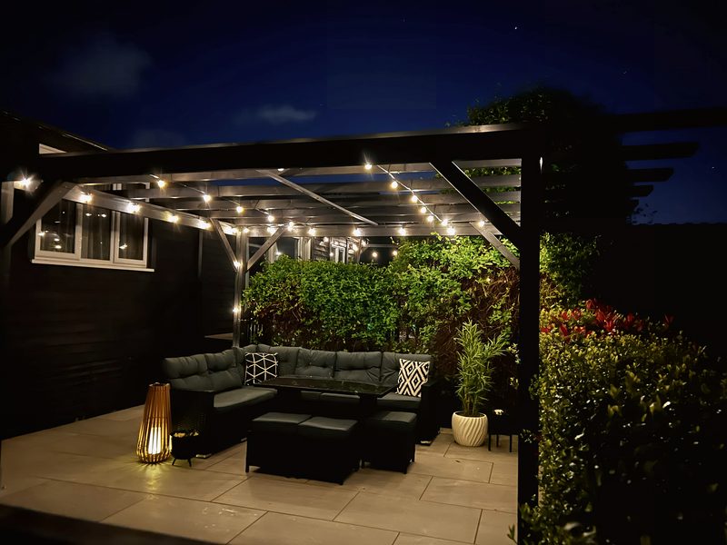 The patio under festoon lights